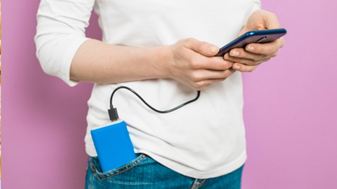 persona carica smartphone con power bank